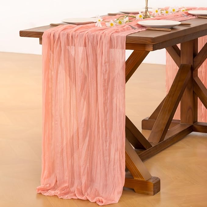 Socomi 3pcs Coral Peach Summer Cheesecloth Table Runner Boho Rustic Gauze 120 inch 10FT Cheese Cloth Sheer Runner for Wedding Party Baby Shower Birthday Home Decor Holiday Decorations