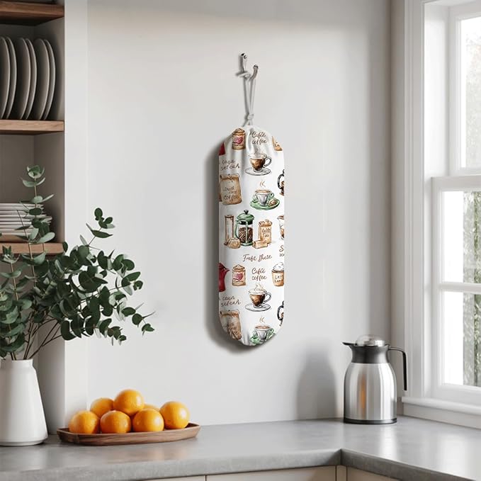 Coffee Pot Plastic Bag Holder, Reusable Shopping Bags Storage Dispenser, Garbage Trash Bag Dispenser for Home Kitchen Pantry Cabinet, Wall Mount, Kitchen Housewarming Gifts for Coffee Lover