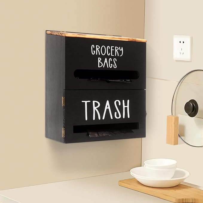 2 in 1 Trash Bag Dispenser, Double Wall Mounted,Wood Trash Bag Holder, used in kitchen, garage, laundry room, can store Environmentally friendly food bags and garbage bags (Black)
