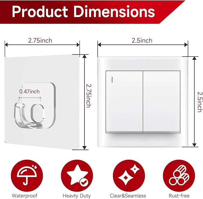 Large Adhesive Hooks, 20 Pack Heavy Duty Utility Hooks for Hanging 33lb, Damage Free Sticky Hanging, No Trace Self-Adhesive Wall for Kitchen Bathroom Office Multiple Uses