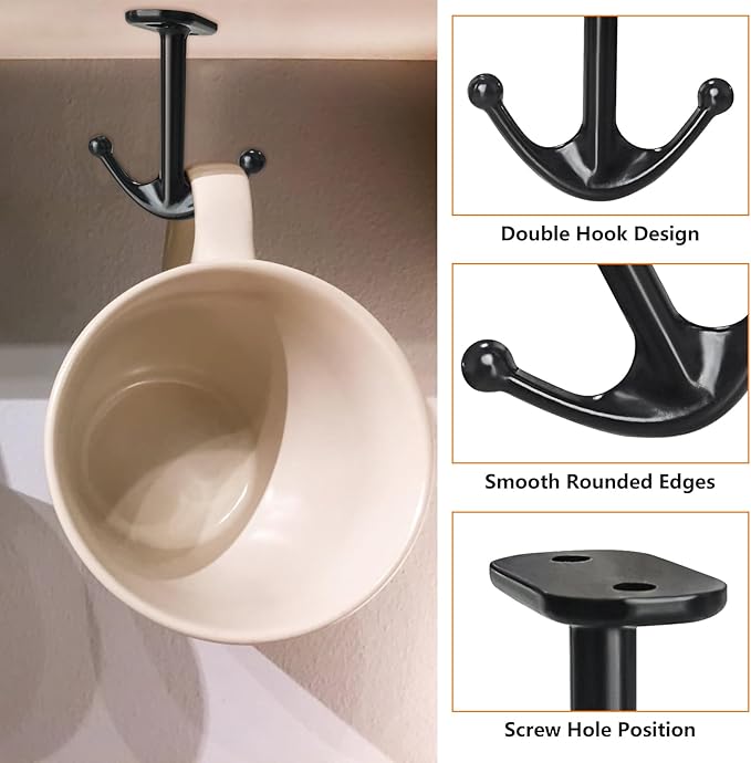 Zinc Alloy Double Prong Ceiling Hooks, 4-Pack Under Shelf Coat Hooks Hanging Towel Robe Clothes Cap Bathroom Kitchen Cabinet Garage Use (Black)