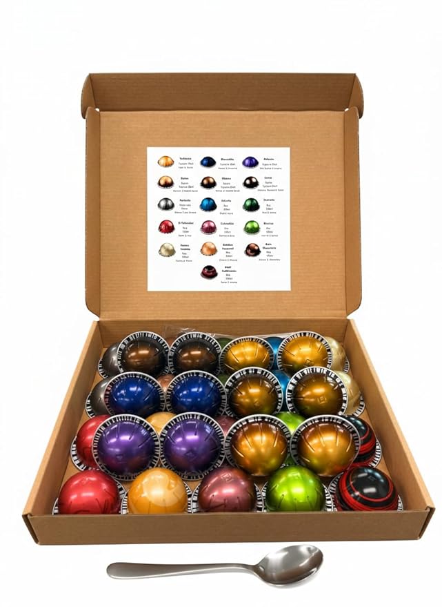 Total 32Capsules, 16 Flavors Assorted, 2 of each Exploration Kit,Variety Discovery Sampler 32 Capsules Pod BULK Pack with Spoon / Espresso & Lungo Coffee Mix Capsules Pod Pack (32, Assorted Flavors Capsule Pods)