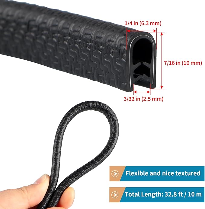 Rubber Edge Trim Guard 32.8ft/10m, Adhesive Free Door Edge Protector, U Shape Edge Seal Strip with Embedded Metal Clips Fits 3/64" to 1/8" Thick Edges (Black)