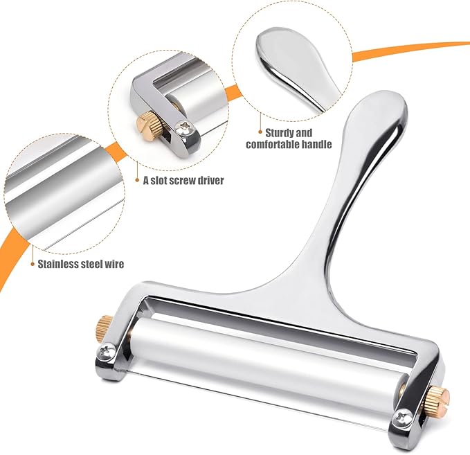 Sopito Stainless Steel Wire Cheese Slicer With 3 Extra Wires Adjustable Thickness, Handheld Cheese Block Cutter for Cheddar, Gruyere, Raclette, Mozzarella