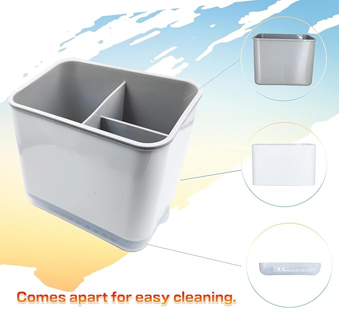 Kitchen Dish Brush Holder, Utensil Drying Caddy, Scrubber/Bottle Brush/Sponge Holder, Kitchen Sink Counter Organizer with Removable Drain Tray, Plastic (Gray and White)