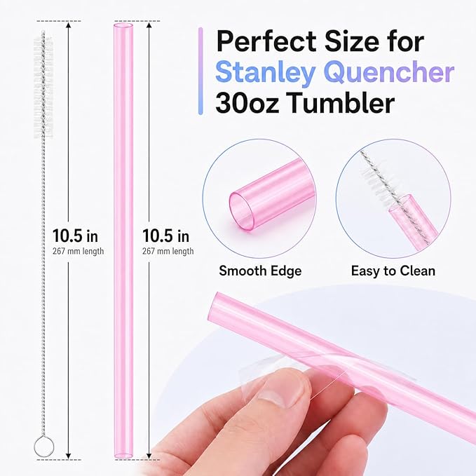 Joshey 10.5 Inch Tritan Replacement Straws for Stanley 30oz Tumbler - 6 Pack Reusable Long Straws with Cleaning Brush, Fits 30oz Stanley Cup Accessories, BPA-Free (Pink)