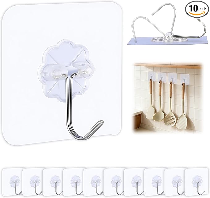Heavy Duty Adhesive Hooks for Hanging, Waterproof Bathroom Towel Hooks, Stainless Steel Wall Mount & Door Hooks, Clear Sticky Hooks for Coats, Towels, Bags, No Drilling (10PC)