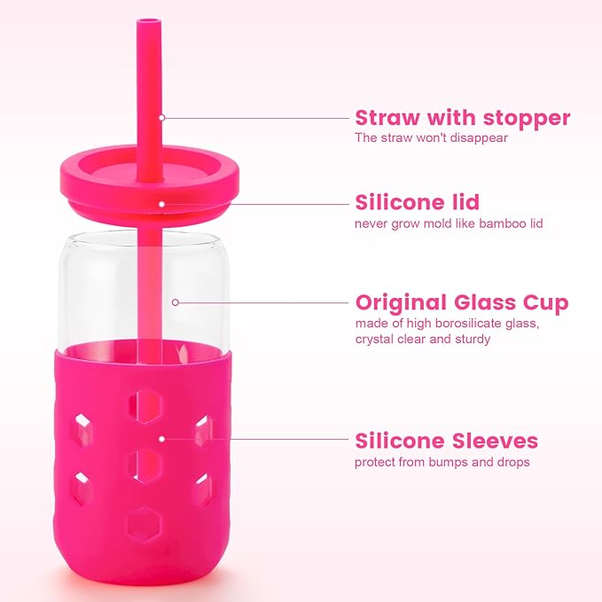 Mrsdry Glass Cups with Lids and Straws (4 Pcs), 16oz Drinking Glasses Set with Silicone Sleeves for Coffee Bar Accessories Iced Coffee Cups with Lids, Glass Tumbler Reusable for Gifts