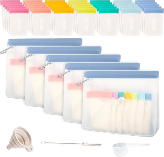 Protein Powder Container Travel Set, 21 Single Dose Bags, 3 Large Zip Bags, Storage Containers with Funnel and Spoon (40 PACK)