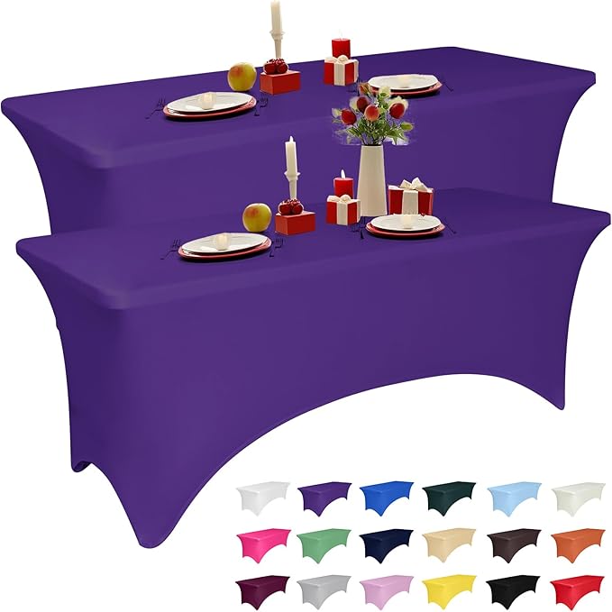 2 Pack 6 Feet Purple Spandex Tablecloth for Rectangular Tables, Fitted & Stretch, Washable, Wrinkle Resistant, Perfect for Event, Wedding, Party, Banquet, Cocktail, Festival, and Table Protector