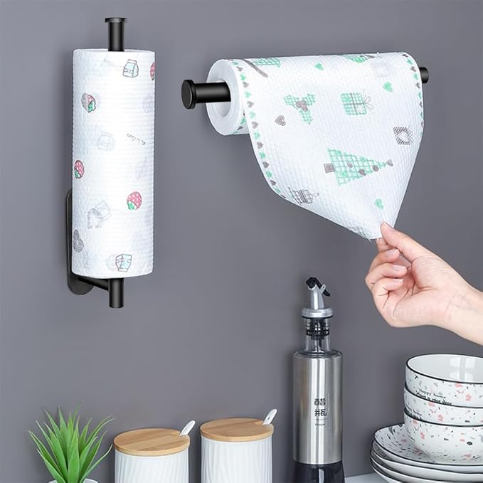 MGahyi Paper Towel Holder Wall Mount, Self Adhesive Or Drilling Paper Towel Holder Under Cabinet, 13.2 inch Stainless Steel Kitchen Paper Towel Roll Rack, Bathroom Towel Hanger(Black, 2*Rectangle)
