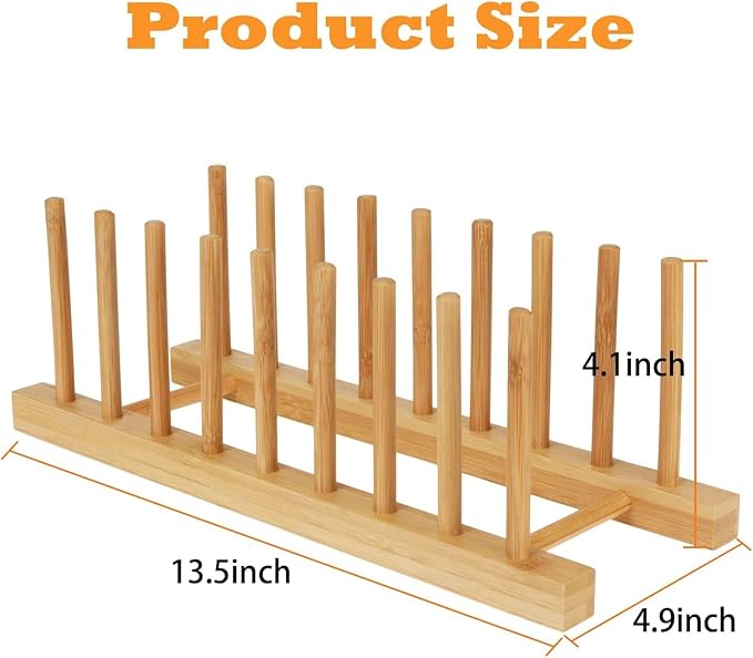 Bamboo Dish Drying Rack Kitchen Cabinet Organizer, Plate Pot Lid Organizer, Wooden Drying Rack Stand Drainer for Dish, Pots, Lids, Bowls, Cups, and Cutting Boards and Books (4PCS)
