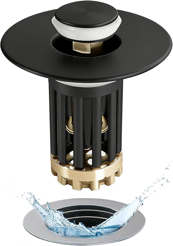 3 in 1 Pop Up Bathroom Sink Stopper, Bathroom Sink Drain Strainer, with Removable Basket Hair Catcher, Universal Sink Plug Cover for 1.06 in to 1.6 in Drain, Matte Black