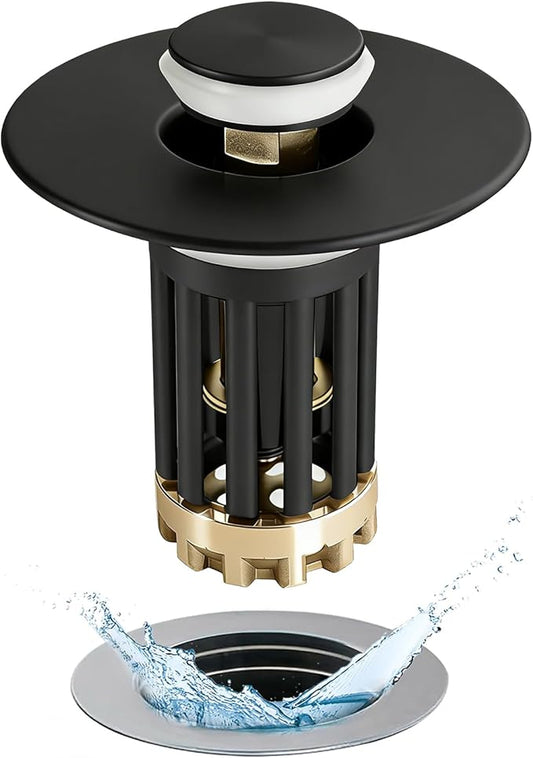 3 in 1 Pop Up Bathroom Sink Stopper, Bathroom Sink Drain Strainer, with Removable Basket Hair Catcher, Universal Sink Plug Cover for 1.06 in to 1.6 in Drain, Matte Black