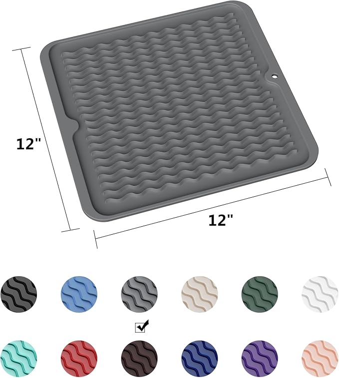 ZLR Silicone Dish Drying Mat 12" x 12" Square - Small Heat Resistant Trivet & Countertop Protector for Air Fryer, Coffee Maker - Waterproof Kitchen Drain Pad for Cups, Fruit (Dark Gray)