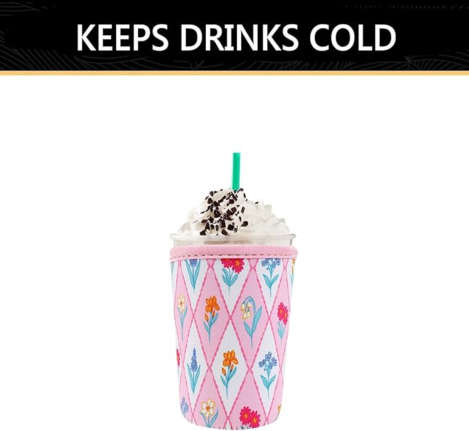 YR Reusable Neoprene Insulator Sleeve for Iced Coffee Cups, 3 Pack Coffee Coolies sleeves for Iced & Hot Drinks, Cold Beverage Cooler Compatible with Starbucks Coffee and More (Diamond Flower)