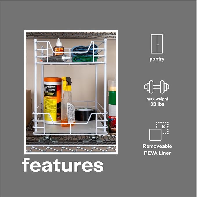 Household Essentials Glidez Steel Pull-Out/Slide-Out Storage Organizer with Plastic Liners for Under Cabinet or Wire Shelf Use - 2 -Tier Design, White