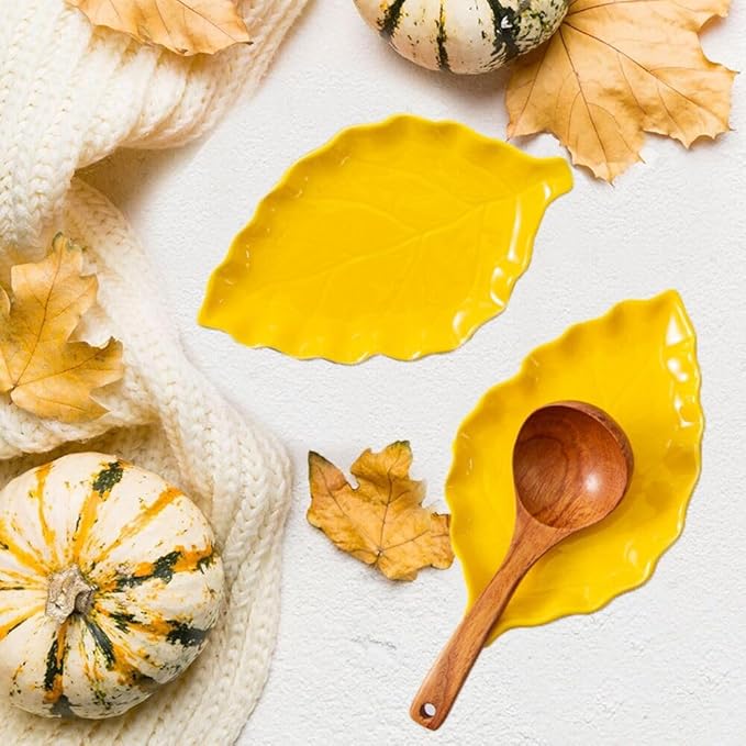 Ceramic Leaf Shape Spoon Rest for cooking, Cute Cooking Spoon Holder for Stove Top,Large Porcelain Spatula Rest for Kitchen Counter, Farmhouse Christmas Kitchen Decor (yellow)