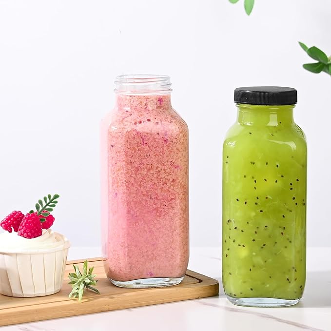 16 Oz Glass Juice Bottles with Lids 6 Set - 360ml Glass Bottles for Juicing - Reusable Juicing Bottles Glass Drinking Jars Containers for Juicing(12fl.oz, Set of 6)