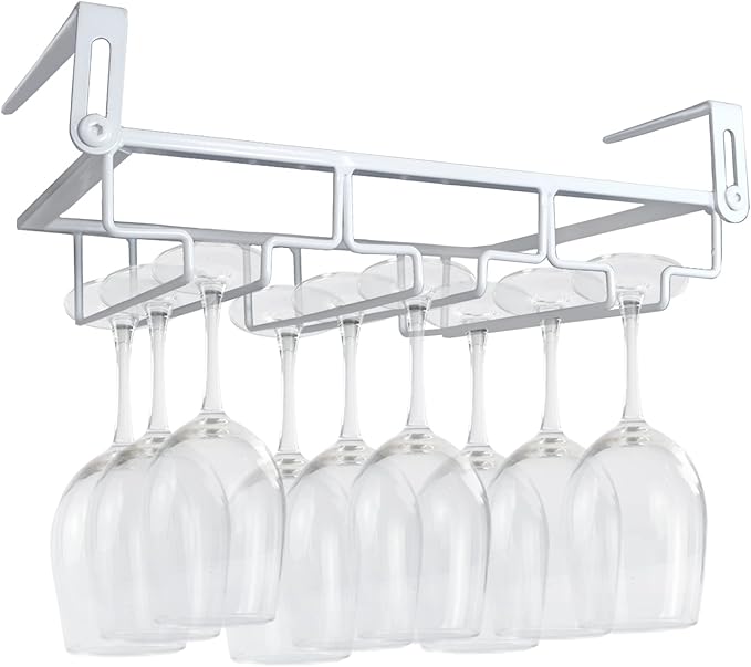 Adjustable Under Cabinet Stemware Holder - Metal Wine Glass Hanger Organizer for Kitchen, Bar, Shelf - Rustproof Hanging Storage Rack for 6-8 Glasses - Space Saving Decor (White, 3 Rows)