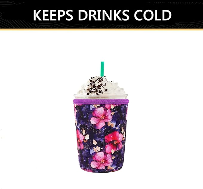 YR Reusable Neoprene Insulator Sleeve for Iced Coffee Cups, 3 Pack Coffee Coolies sleeves for Iced & Hot Drinks, Cold Beverage Cooler Compatible with Starbucks Coffee and More (Fuchsia Floral)