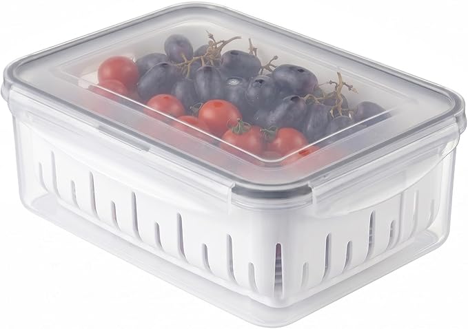carrotez 11.4 Cup Produce Saver Container for Fridge with White Colander, Airtight Fruit & Vegetable Storage Bin, Removable Strainer Basket, BPA-Free, Stackable, 2.7L