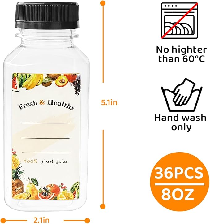 36pcs 8 oz Plastic bottles with lids,Juice bottles with caps, Reusable Clear Bulk Beverage Containers for Juice, Milk and Other Beverages