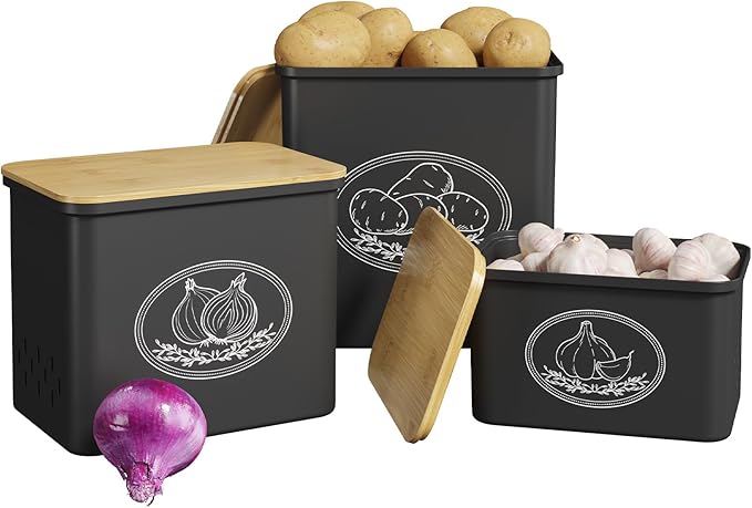 Lifewit Plastic Potato and Onion Storage Bin, Stackable Garlic Keeper with Aerating Holes and Lid, Vegetable Container Box for Pantry Countertop, Black, 24 x 18 x 24 cm/9.5 x 7 x 9.5 inch, Set of 3