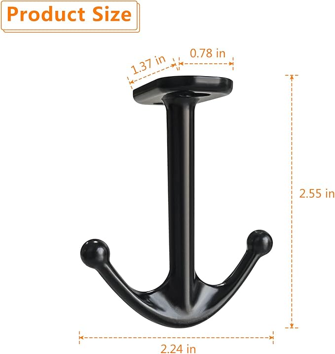Zinc Alloy Double Prong Ceiling Hooks, 4-Pack Under Shelf Coat Hooks Hanging Towel Robe Clothes Cap Bathroom Kitchen Cabinet Garage Use (Black)