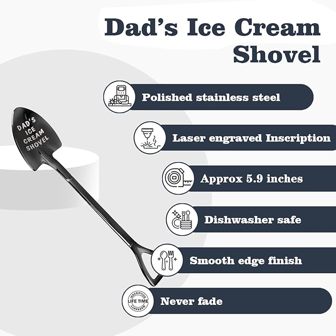 Gifts for Dad Stocking Stuffers for men dad father gifts Men Ice Cream Spoon Scoop for Ice Cream Lovers , Gifts for men Funny Engraved Stainless Steel Spoon Shovel, Birthday Fathers Gifts (Black)