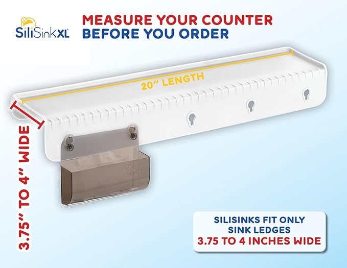 SiliSink XL Silicone Sink Edge Guard for Kitchen Sink - Fits 3.75” - 4” Wide - The Original Stone Protector with Sponge Caddy - Splash Guard, 20” Frosted Matte