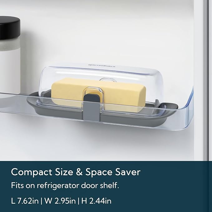 KITCHENDAO One-handed Airtight Butter Dish with Lid for Countertop and Refrigerator Door Shelf, Butter Holder with One Press to Open/Close Secure Latching Buckle for West/East Coast Butter (Black)