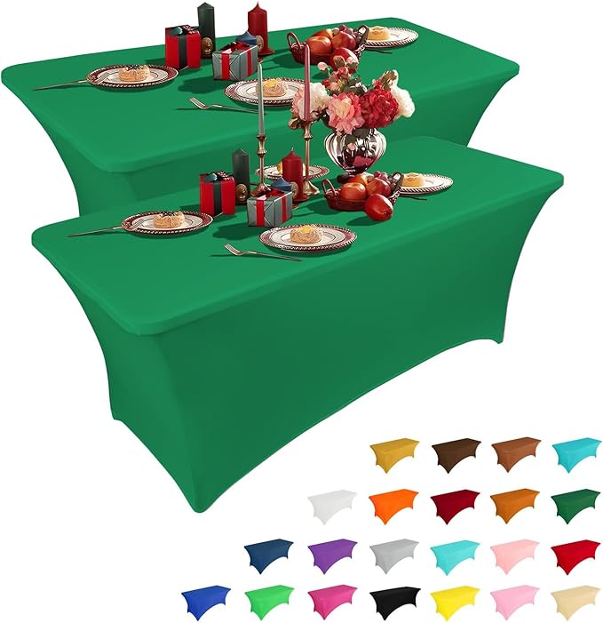IVAPUPU 2 Pack 6FT Table Cloth for Rectangular Fitted Events Stretch Emerald Green Table Covers Washable Spandex Tablecloth Protector for Party, Wedding, Cocktail, Banquet, Festival