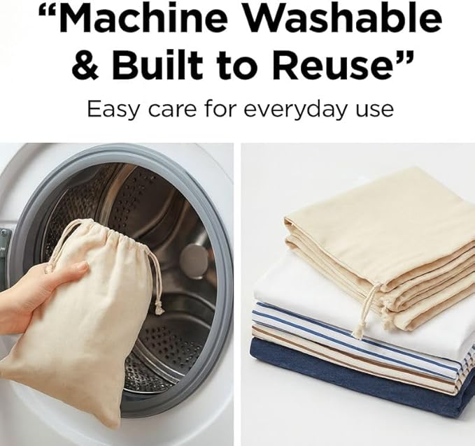 100% Reusable Cotton Produce & Bread Storage Bags, Pack of 6 (2 L, 2 M, 2 S), Breathable Muslin, Vegetable, Fruit Bags with Drawstring | Eco-Friendly Fridge & Kitchen Storage | Reusable, Eco-Friendly | Pure Cotton Material