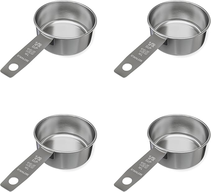 1/2 Cup Stainless Steel Measuring Cup | Sturdy Metal 125 ml | 125 cc | 4 oz | Single Cup for Wet and Dry Ingredients | Great for use as 1/2 Cup Dog Food Scoop - 4 PK