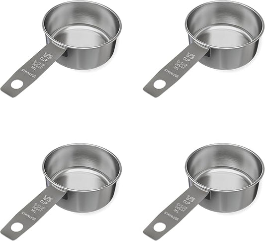 1/2 Cup Stainless Steel Measuring Cup | Sturdy Metal 125 ml | 125 cc | 4 oz | Single Cup for Wet and Dry Ingredients | Great for use as 1/2 Cup Dog Food Scoop - 4 PK