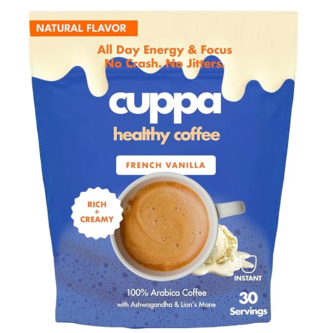 Cuppa French Vanilla Coffee - Great tasting medium roast with mushrooms, adaptogens & superfoods - Lion's Mane, Ashwagandha, Cordyceps, MCT, Prebiotic Fiber & L-Theanine. Supports natural energy & better mental focus, overall well-being + a happier gut...