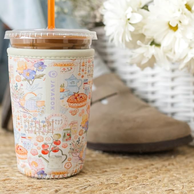 Sok It JavaSok Iced Coffee & Cold Soda Insulated Neoprene Cup Sleeve (Cottage Core, Large: 30-32oz)