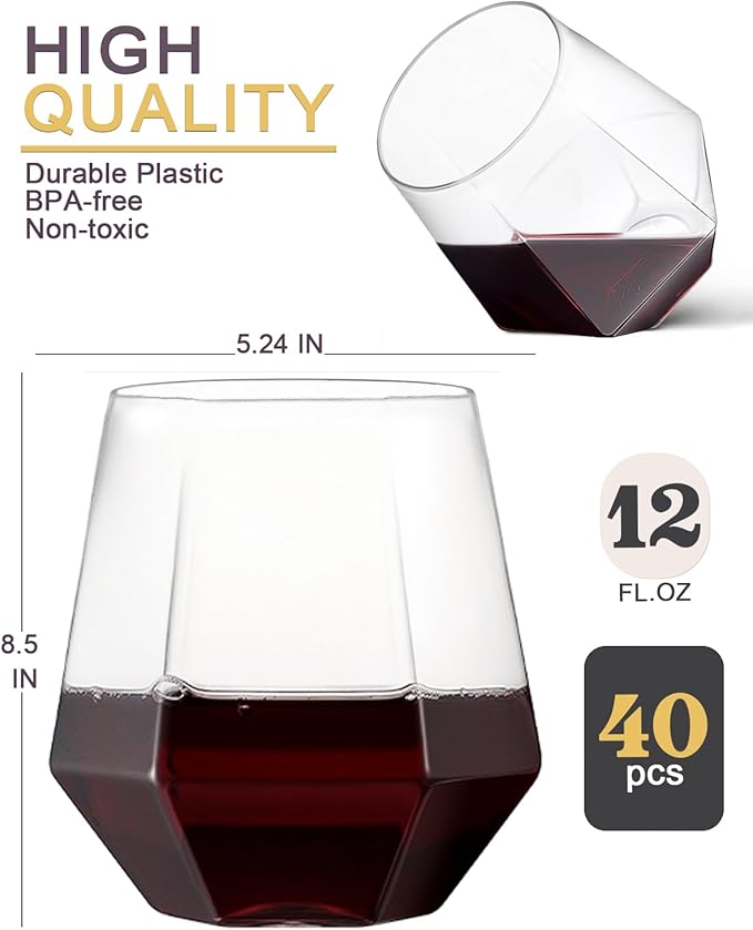 Maaacute 40 Pack Plastic Stemless Wine cocktail Whiskey Champagne Glasses, 12 Oz Disposable Clear Unbreakable Cups for Party Bars Wedding Tasting (Diamond-shaped)