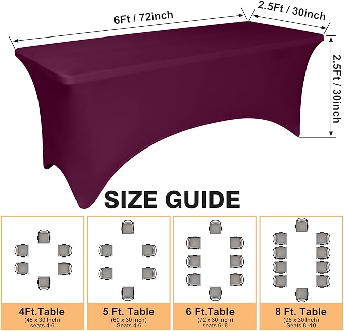 2 Pack 6 Feet Burgundy Spandex Tablecloth for Rectangular Tables, Fitted & Stretch, Washable, Wrinkle Resistant, Perfect for Event, Wedding, Party, Banquet, Cocktail, Festival, and Table Protector