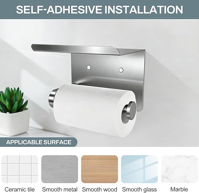 SetSail Toilet Paper Holder with Shelf Adhesive or Screw-in Bathroom Toilet Paper Roll Holders Wall Mount Heavy-Duty Brushed Nickel Tissue Holder for Bathroom Hardware Accessories