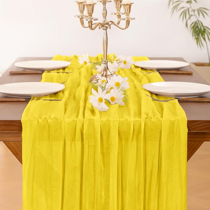 Socomi 6pcs Yellow Cheesecloth Table Runner Boho Rustic Gauze 120 inch 10FT Cheese Cloth Sheer Runner for Wedding Party Baby Shower Birthday Home Decor