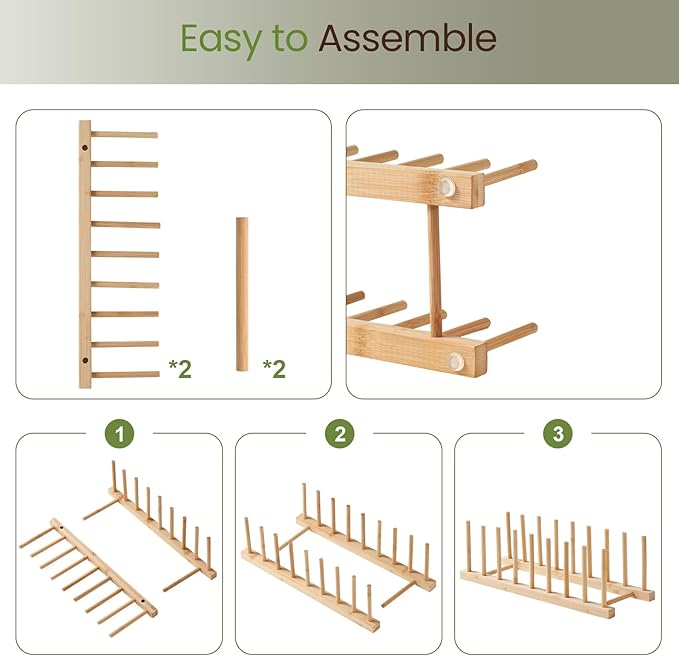2 Pack Bamboo Wooden Dish Rack-Plate Pot Lid Cutting Board Organizer Holder Rack for Cabinet-Kitchen Cabinet Organizer for Dish, Pots, Lids, Bowls, Bottles, Books, and Puzzle
