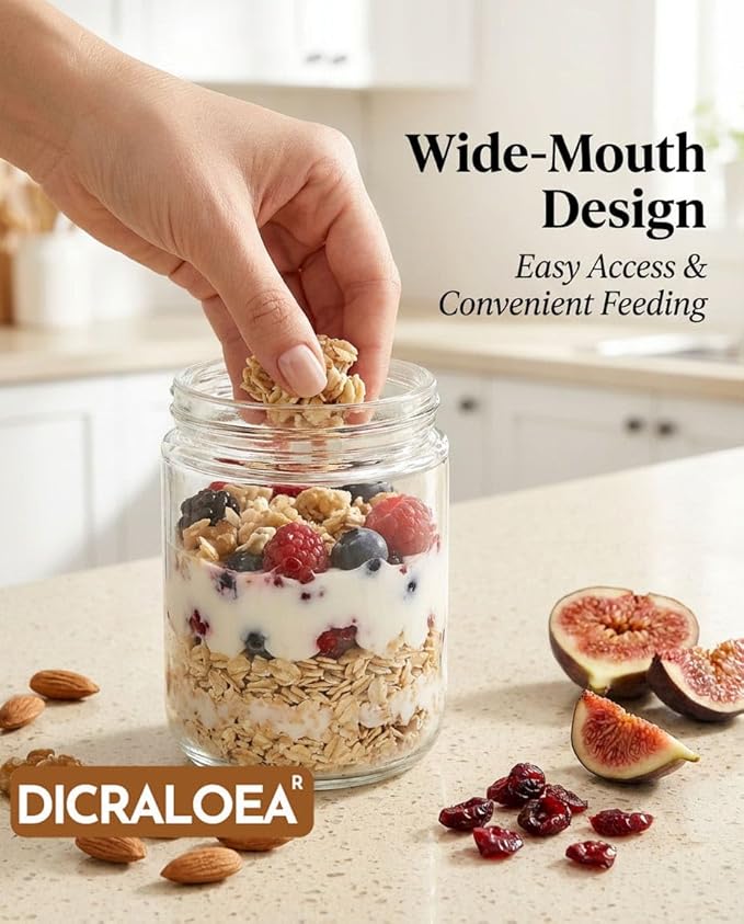 16oz 8Pack Glass Overnight Oats Jars Containers with Airtight Leakproof Lids, Reusable Mason Jars for Meal Prep, Yogurt Parfaits, Smoothies, Salads & Healthy Breakfast(16oz-8Pack)