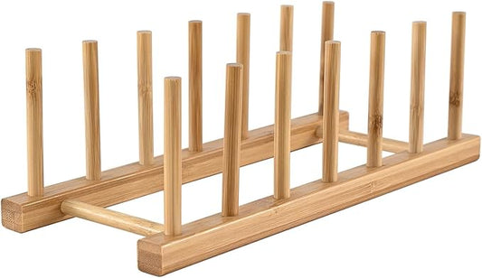 INNERNEED Bamboo Wooden Dish Rack, Vertical Plate & Lid Organizer for Kitchen Cabinet or Countertop, Drying Stand for Dishes, Cutting Boards