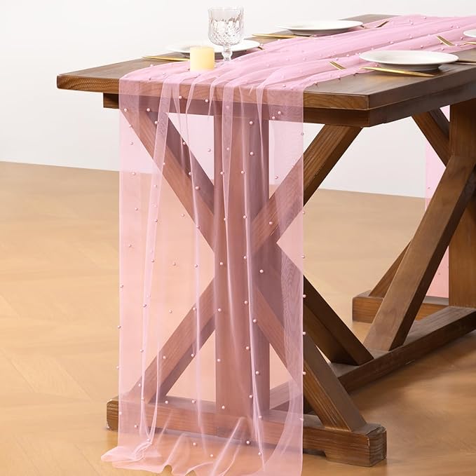 Socomi Pearl Table Runner Tulle Pink Summer Cheesecloth 10FT Gauze Cheese Cloth Sheer Chiffon Dining Wedding Birthday Party Baby Shower Bridal Anniversary Holiday Centerpiece Table Decor