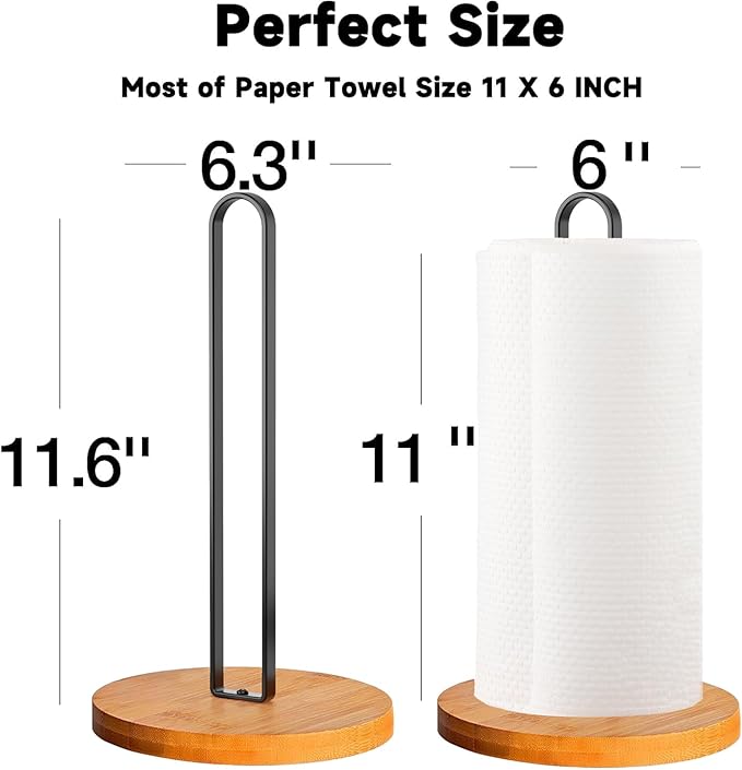 TONLEA Wooden Paper Towel Holder Countertop, Kitchen-Towel-Holder FreeStanding with Non-Slip Base for Bathroom Black-2PCS