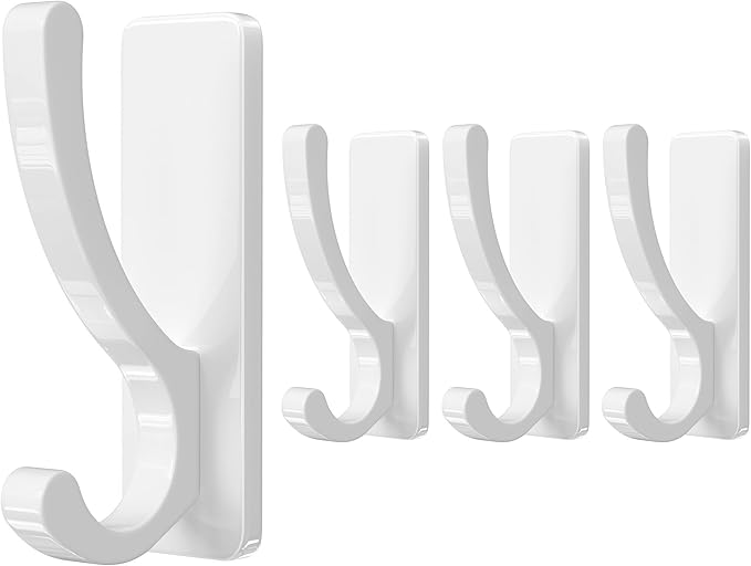 pickpiff Adhesive Wall Hooks for Towels - Sticky Hook Hanging Heavy Duty (13lb), Hanger for Door, Bathroom, Dorm, Closet - for Coats, Purse, Bag, Robe - No Damage to Wall - White 4 Pack