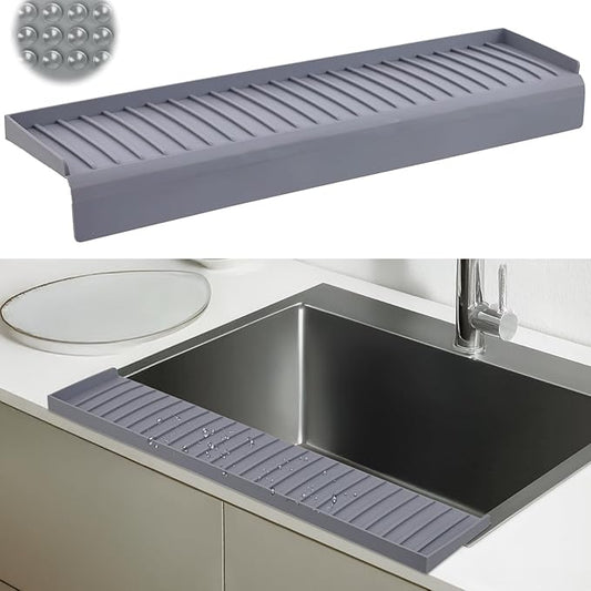 Sink Edge Protector with Suction Cup 4"x24", Silicone Sink Splash Guard for Kitchen & Bathroom, Protect Countertop from Scratches, Stains, for Stainless Steel Granite Quartz-Grey