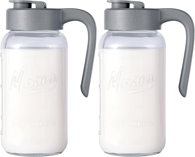 Mason Jar Pitcher - Airtight & Leakproof Glass Pitcher with Lid, Perfect for Breastmilk, Cold Brew, and Sun Tea, 2 Quart (64 oz) Mason Jar with Pour Spout Lid
